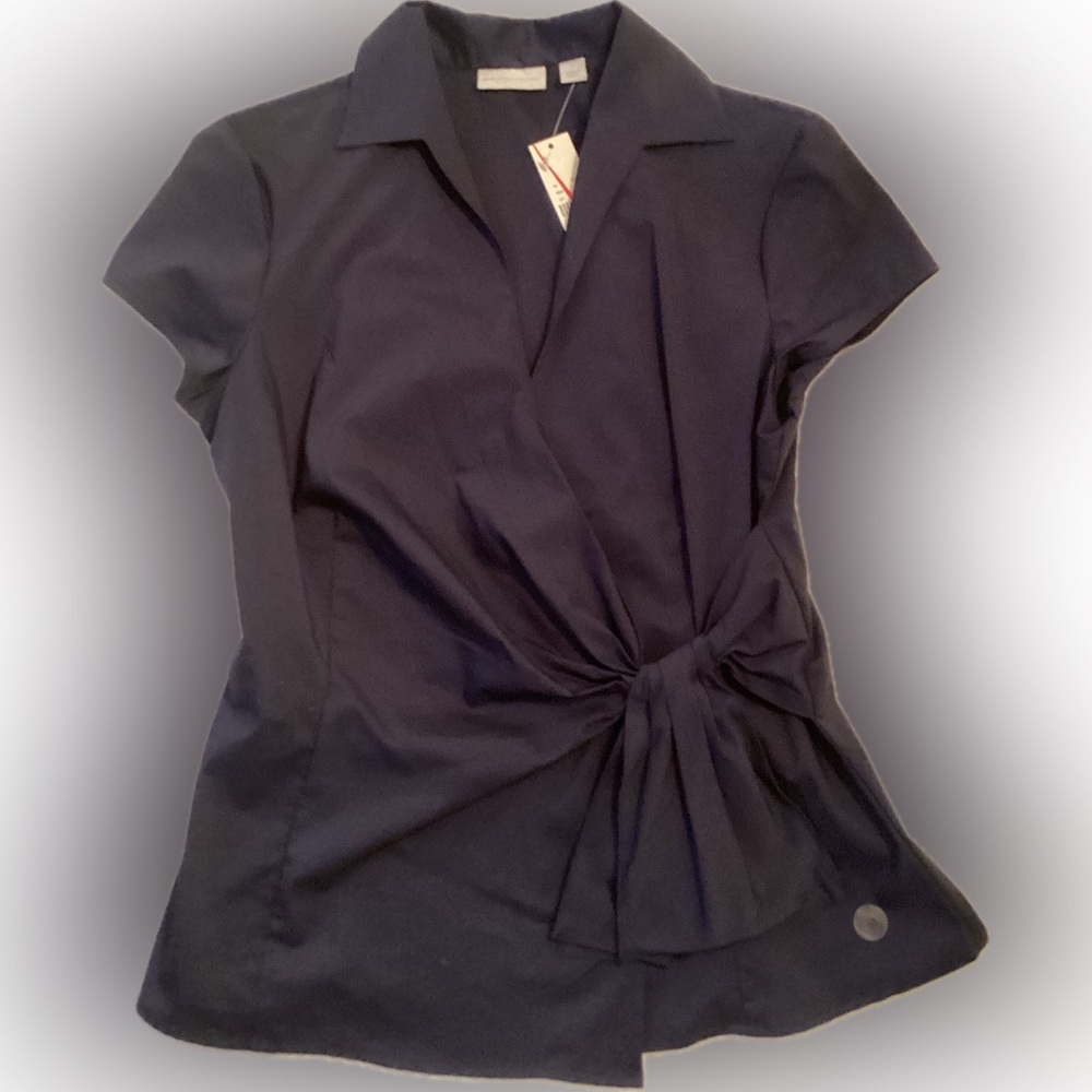 New York & Company navy blue short sleeve faux wrap blouse w/side zip NWT size M